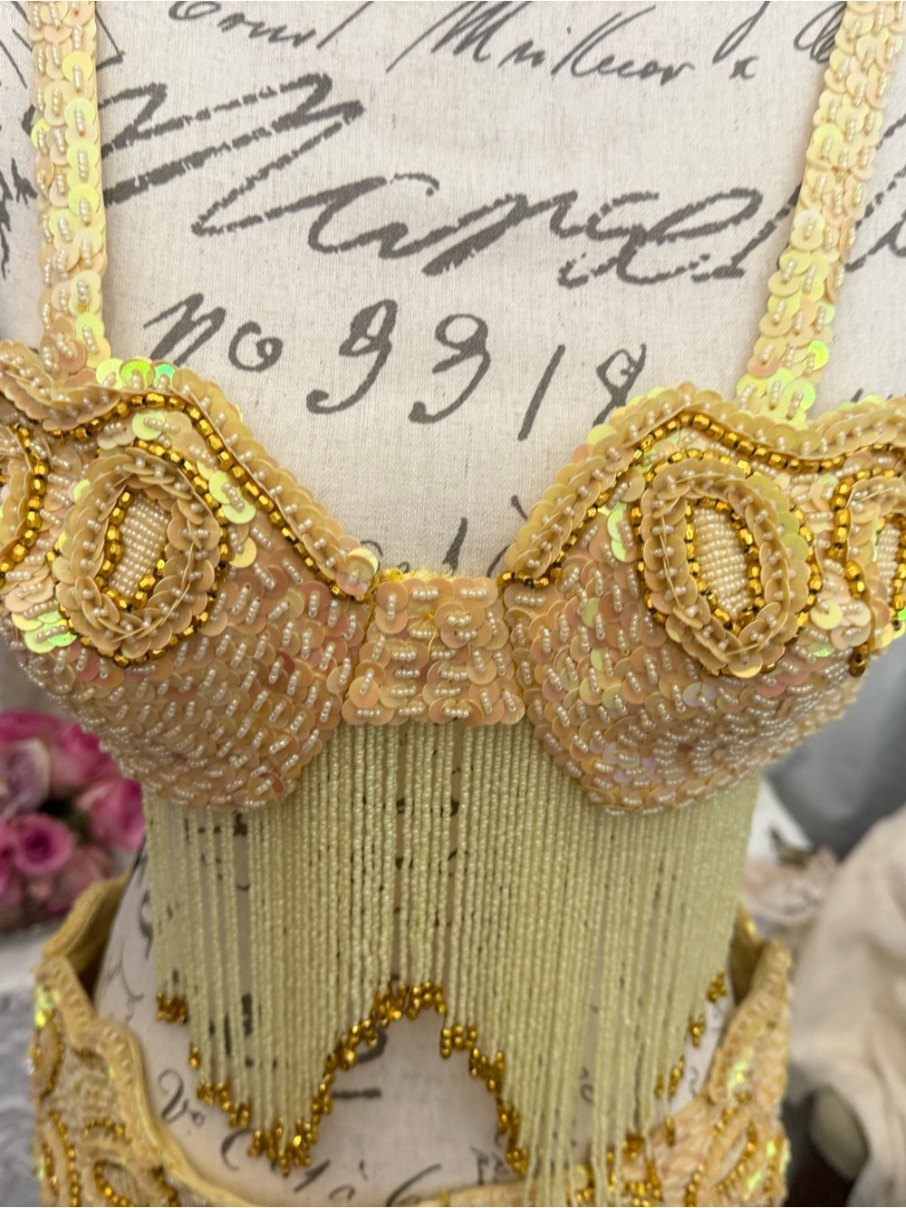 Vintage Beaded Fringe Showgirl Belly Dance Bra Belt Set Gold Sequin Costume - Picture 4 of 11